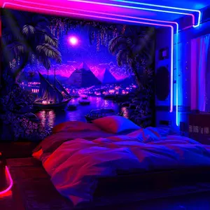 1pc UV Glow in the Dark Tapestry - Fantasy Night Scene with Glowing Ships & Pyramids, Large Peach Light Beige Fluorescent Wall Hanging for Bedroom, Party Decor, Home Office, Living Room -  Wrinkle-Resistant Polyester college dorm wall decor Tapestry Decor