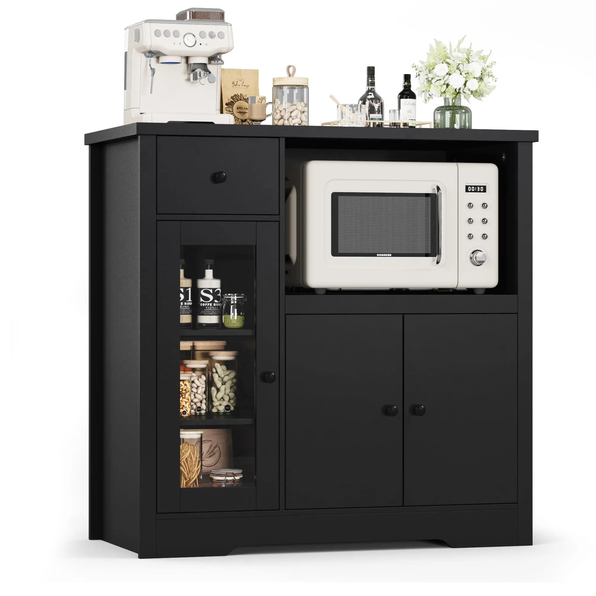 Garvee Upgraded-Modern Kitchen Microwave Cabinet – Adjustable Shelves, Glass Doors, Drawer, Spacious Storage – Buffet Sideboard for Dining, Coffee Bar, Small Spaces