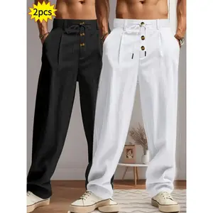 Men's Lightweight Linen Casual Solid Pants Set, Breathable Outdoor Sports, Elastic Drawstring Waistband, Straight Leg, Clothes, Menswear