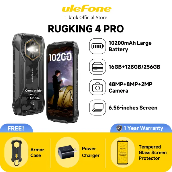 Ulefone RugKing 4 Pro 10200 mAh Battery 16GB+128GB/256GB Android 15 Rugged Phone, 6.56" 120Hz Display Tough Smartphone, 48MP Main Camera, Built-in Glare Flashlight, NFC/ 4G Dual SIM/Widevine L1 - Black/Orange, Screen, Cellphone, Mobile, Photo Video Capabi