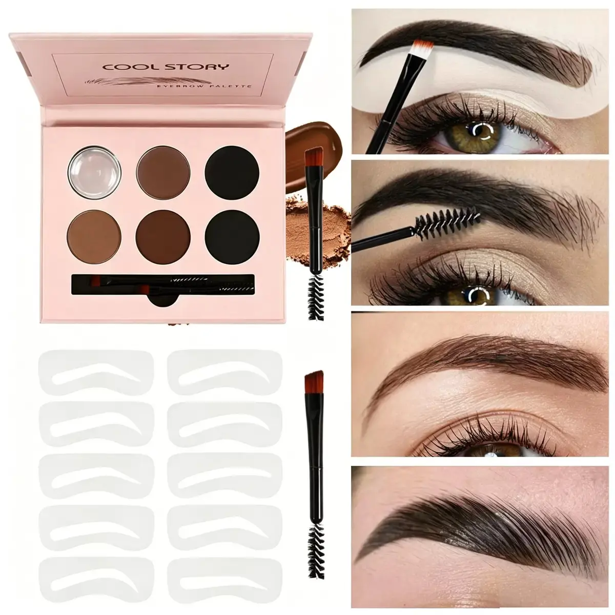 6 Shades Eyebrow Powder Palette with Eyebrow Wax, Double Ended Brow Brush & Eyebrow Stencils, Waterproof Long Lasting Brow Makeup Set for Natural Defined Brows, Cool Story Multi Shade Brow Kit for Beginners