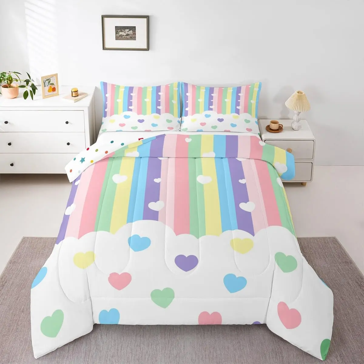 Love Heart Down Comforter,Cartoon Rainbow Comforter Set for Teens Boys Girls,Kawaii Decor Quilt,Stripes Quilt