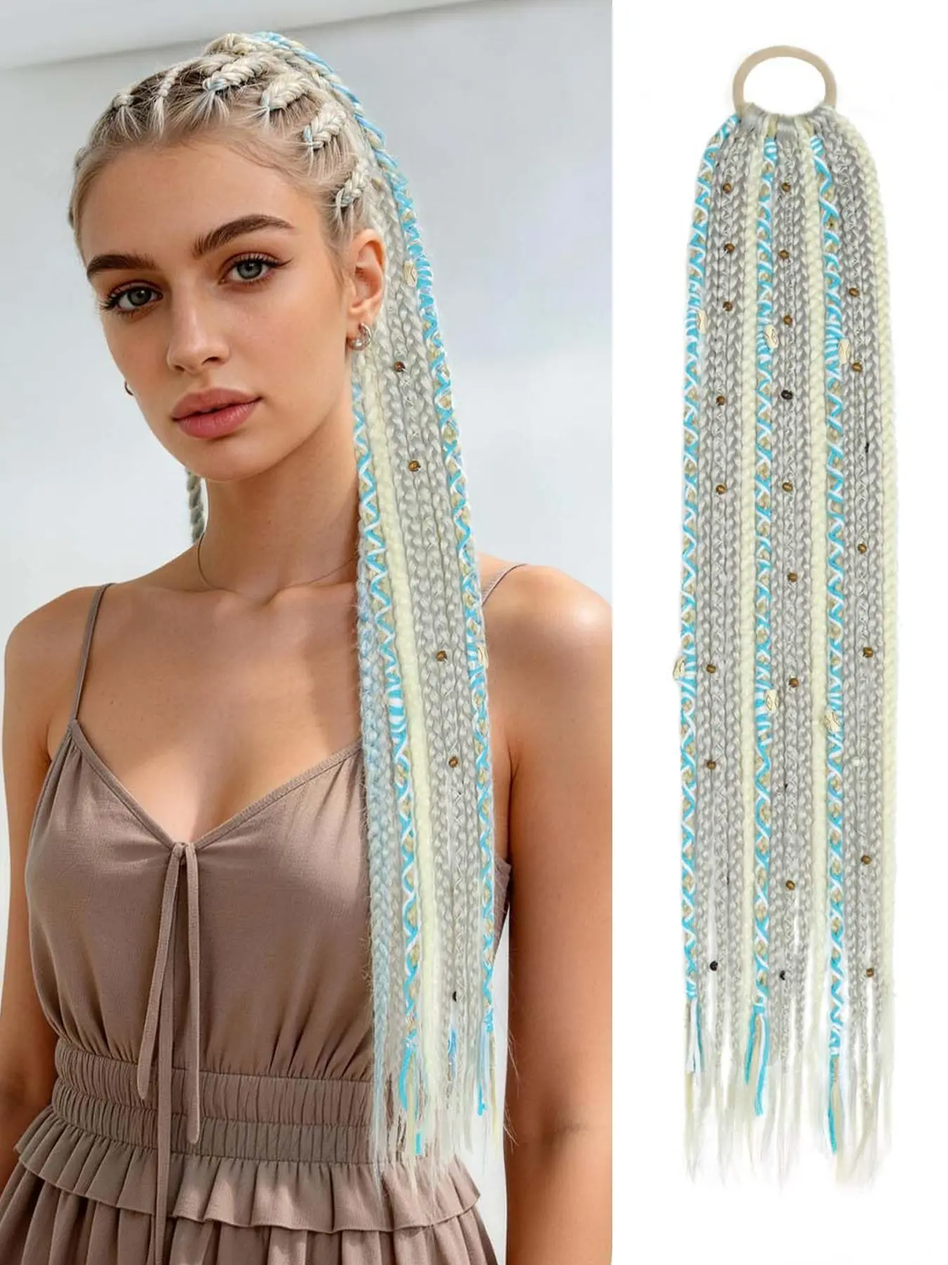 Boho Braided Ponytail Extension, Viking Dreadlock Beaded Ponytail, Straight Long Wig, Synthetic Braided Wigs, Synthetic Ponytails, Dreadloc Extensions, Synthetic Hair, Synthetic Hairpieces, Braiding Extensions for Festivals & Daily Wear