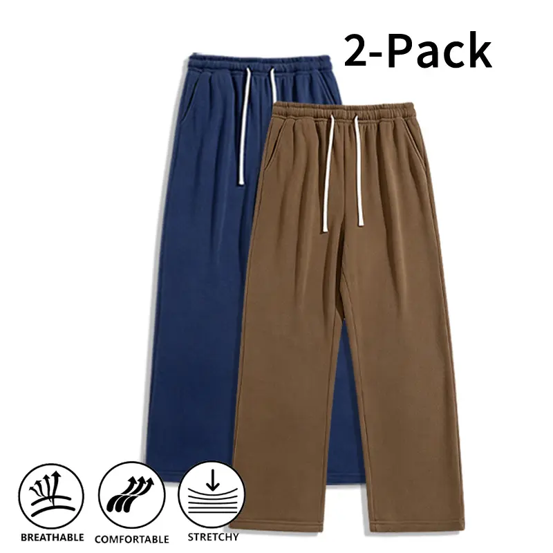 Men’s 2-Pack Fall-Winter Polyester Athleisure Pants - Baggy Sweatpants, Straight Leg, Adjustable Waist Elastic Drawstring, Loose-Fit Casual Sport Pants for Basketball, Fitness Trousers