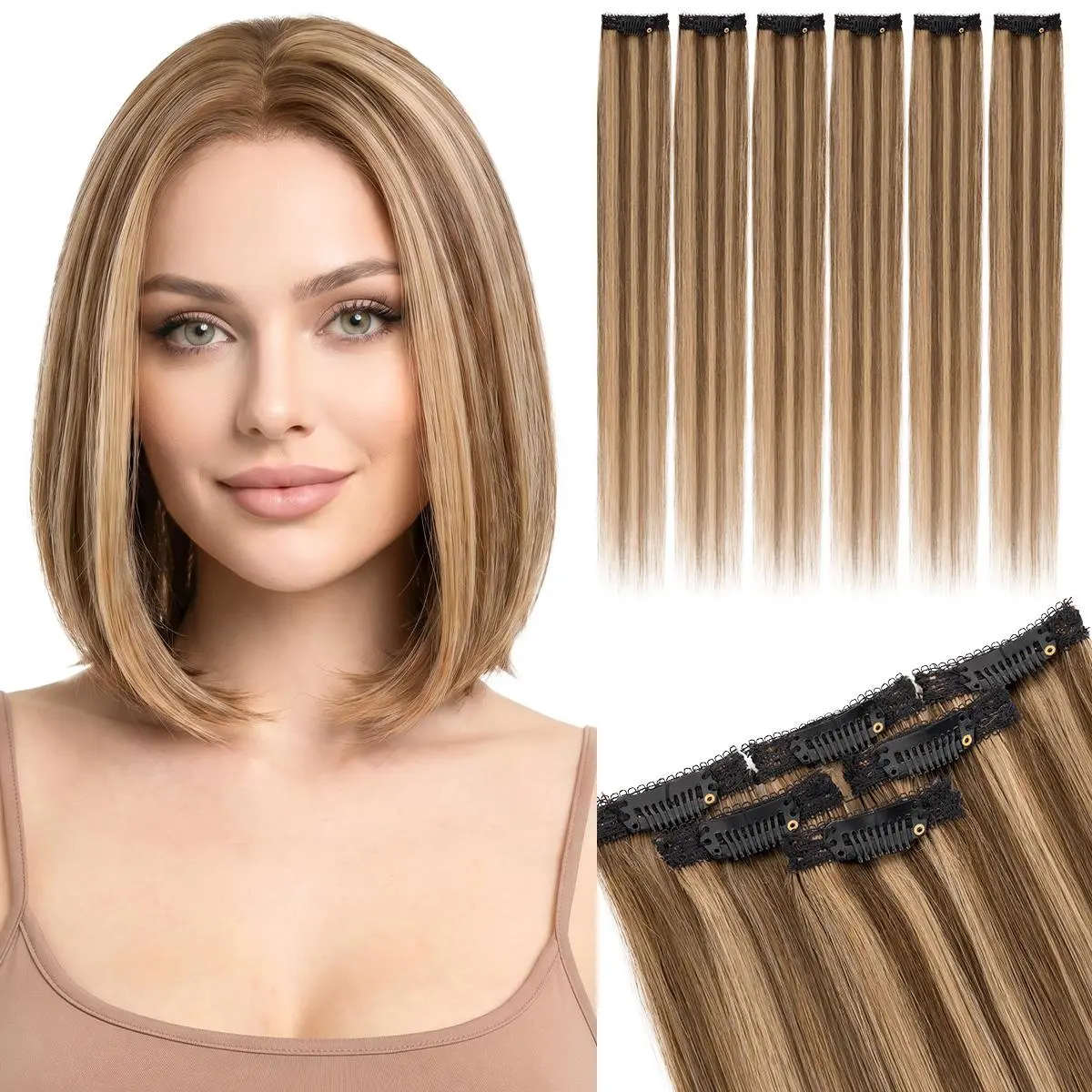 SEGOHAIR 6PCS Clip in real human Hair Extensions 100% Real Human Hair for Women 6pcs Straight Highlight Golden Brown Mix Bleach Blonde 10/12 Inch 31g Add Volume Length for Daily Wear Parties Weddings