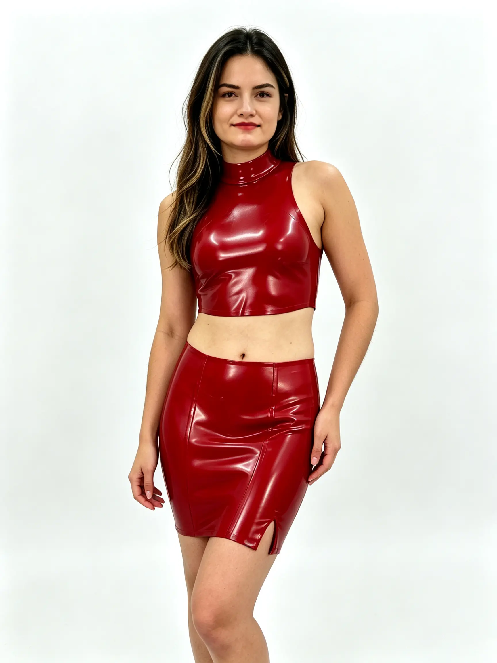 Latex Short Skirts for Women 2 Piece Outfit, Sleeveless Turtleneck Crop Top and Short Bodycon Skirts with Back Zip Handmade Natural Latex Pencil MiNi Skirts