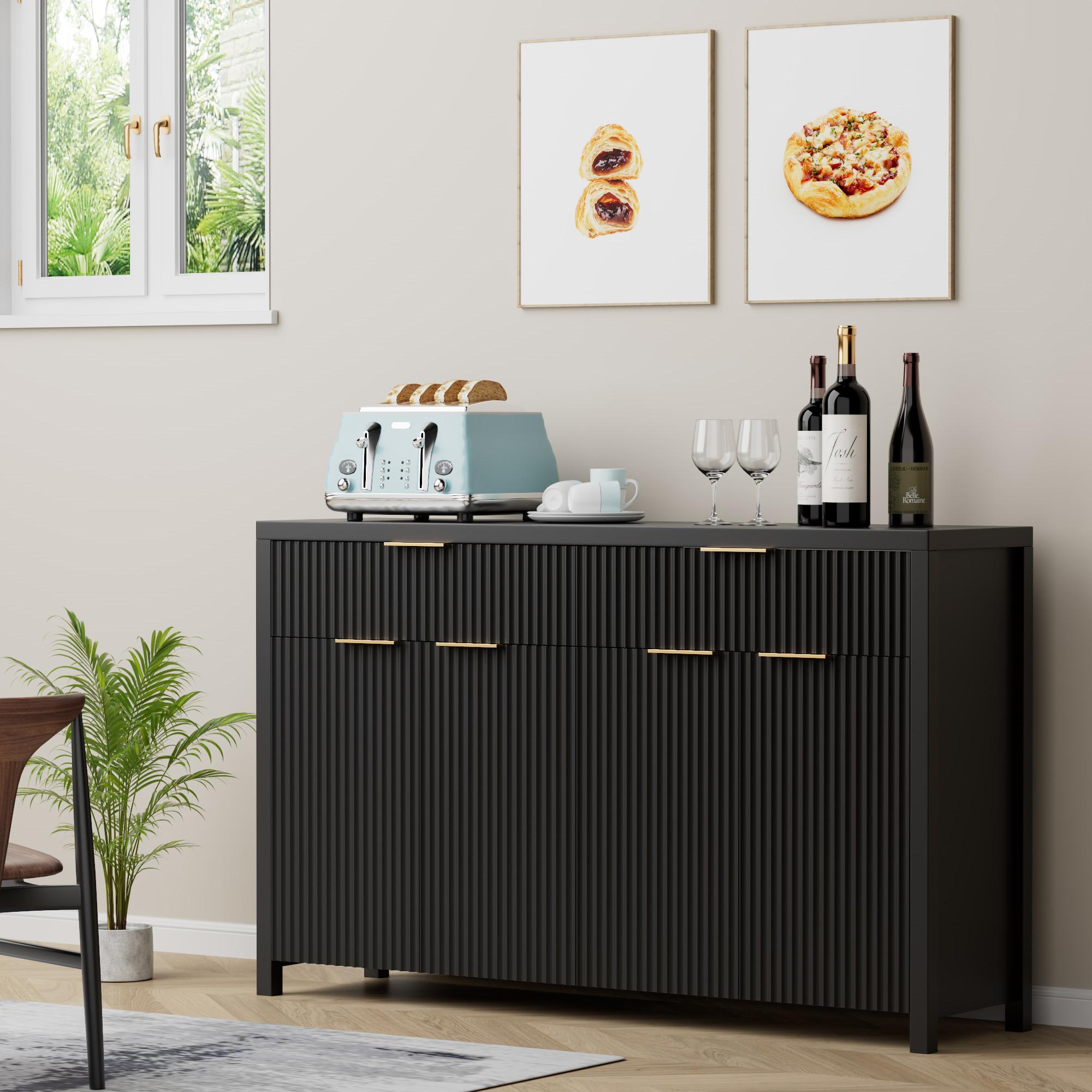 Aowos Modern Fluted Sideboard, Sideboard Cabinet, Wooden Dresser for Bedroom with 2 Wide Drawers, Entryway Table, 55" Buffet Cabinet with 2 Adjustable Shelves, Storage Cabinet for Dining Room, Entryway, Kitchen