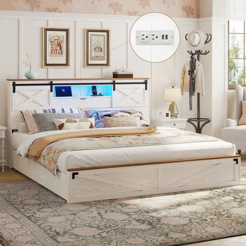 SIKAIC Farmhouse Bed Frame with Storage Bookcase Headboard, Wooden Bed with LED Lights, Charging Station, 2 Drawers, Country Rustic Bed Frame with Sliding Barn Door, Home Furniture[tiktokshopbacktoschool]
