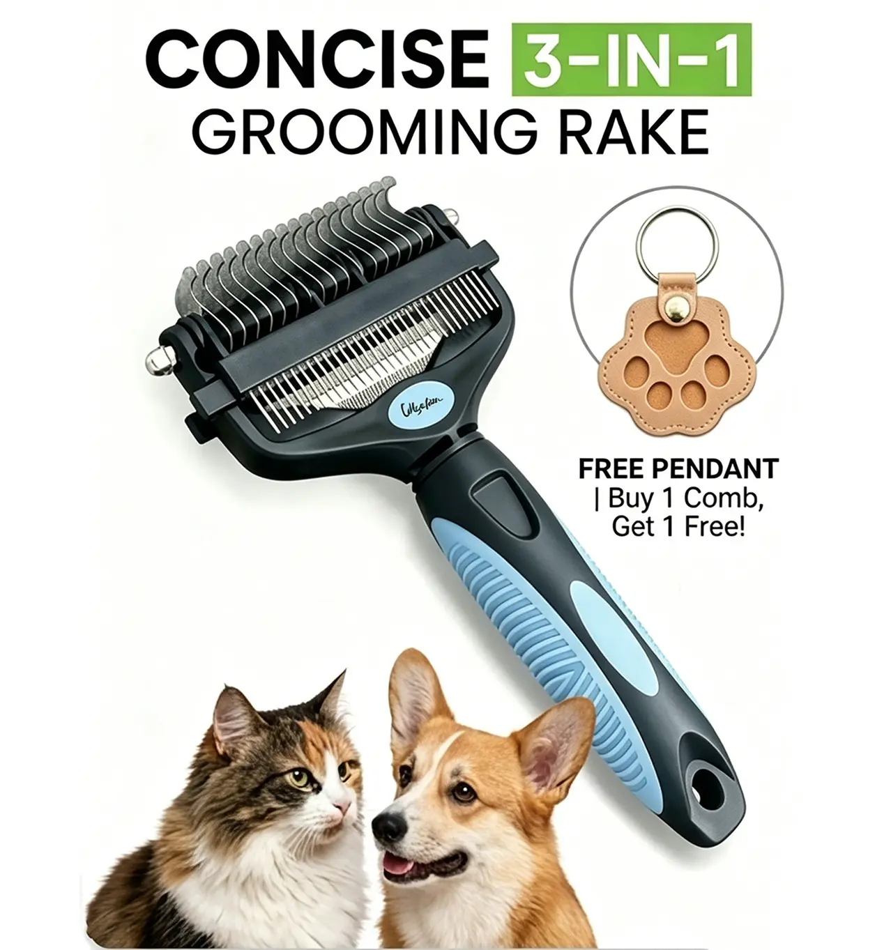 Double-Sided Pet Grooming Slicker Brush - Stainless Steel Non-Scratching De-Matting Rake Comb, Universal Deshedding Tool for Dogs & Cats with Fur Release Feature to Minimizes Shedding, Beauty/Hair Care Essential, Deshedding Brush