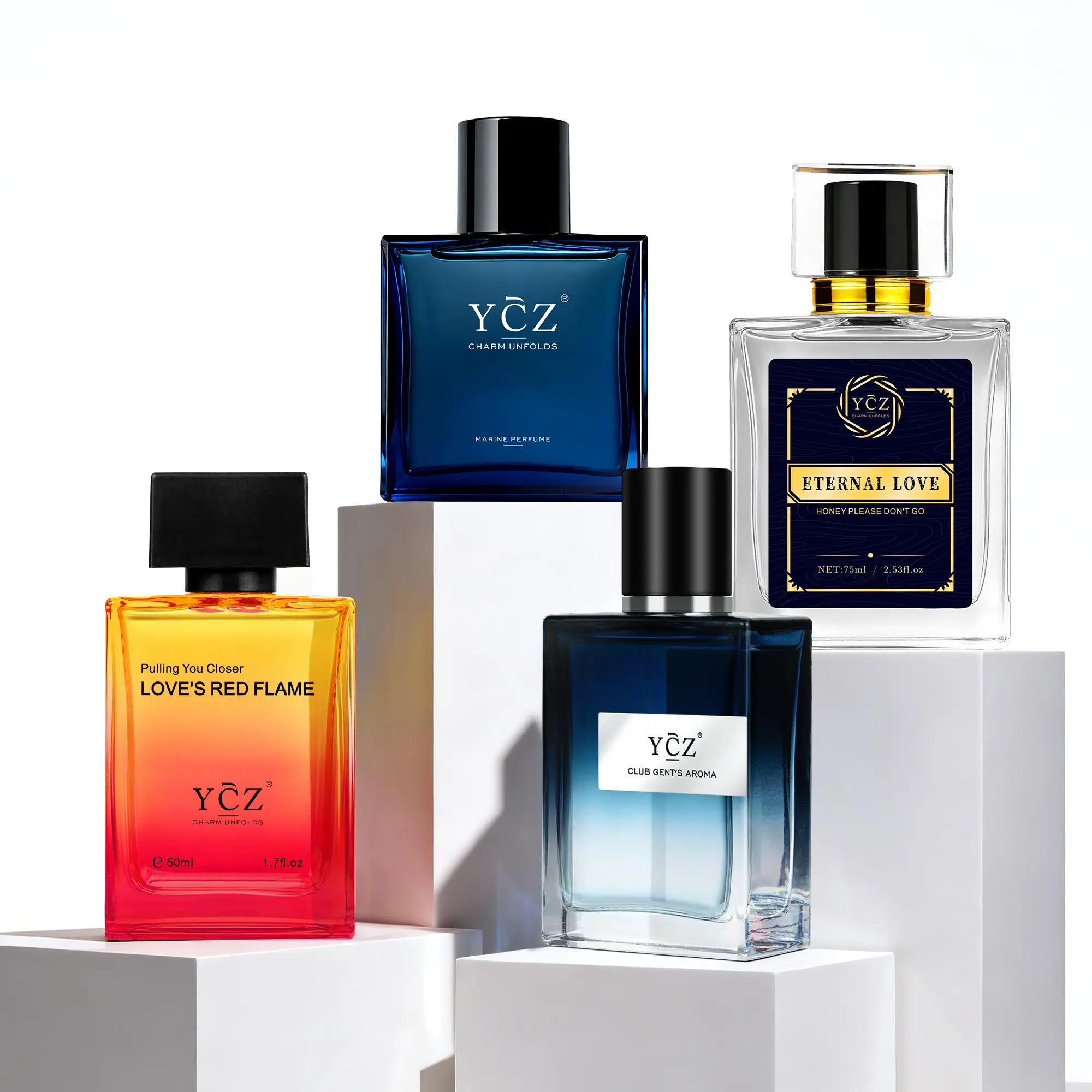 [YCZ] Men’s Night & Romance 4-Pre-Filled Cologne Gift Box Set - Midnight Marine,4×1.7fl oz , Club Gentle Aroma, Love's Red Flame, Eternal Love EDP with Marine Fougère, Spicy Woody, Arabian Musk Amber Notes, Long-Lasting for Dates, Parties, Fragrance Set,,