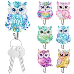 6Pcs Owl Diamond Painting Key Holder Kit - Colorful DIY Diamond Art Wall Mount,No Drill Wall Hooks,for DIY Crafts,for Home Kitchen Decoration,Best Gift