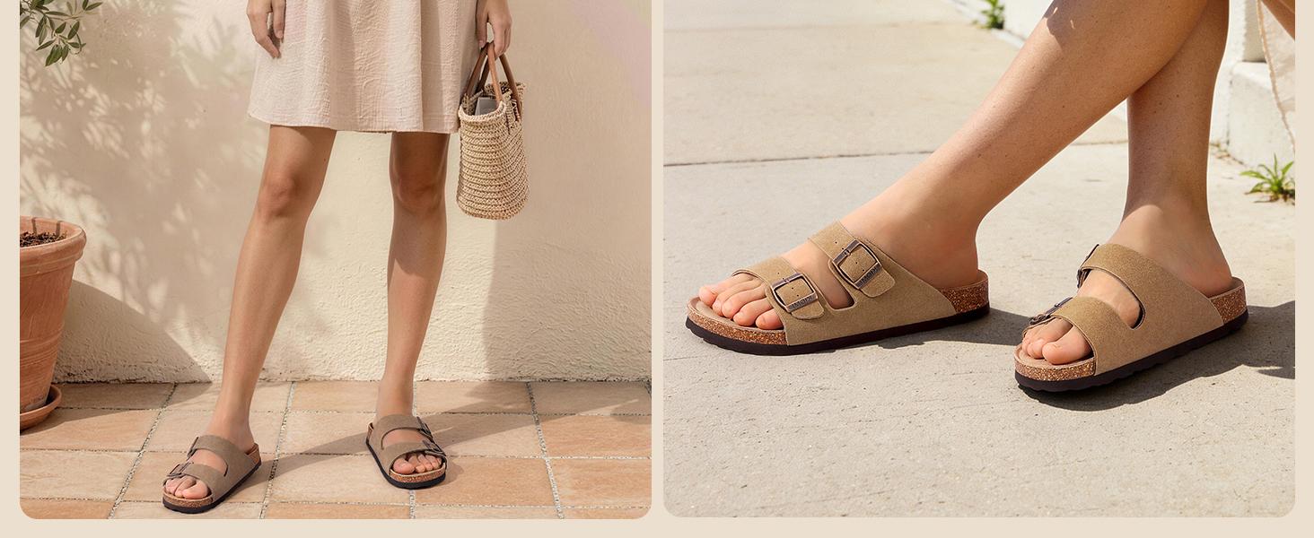 KIDMI Womens Flat Sandals Summer Sandals Arch Support Cork Footbed Slide Sandals with Double Adjustable Buckle for Women Men Outood Beach Sandals
