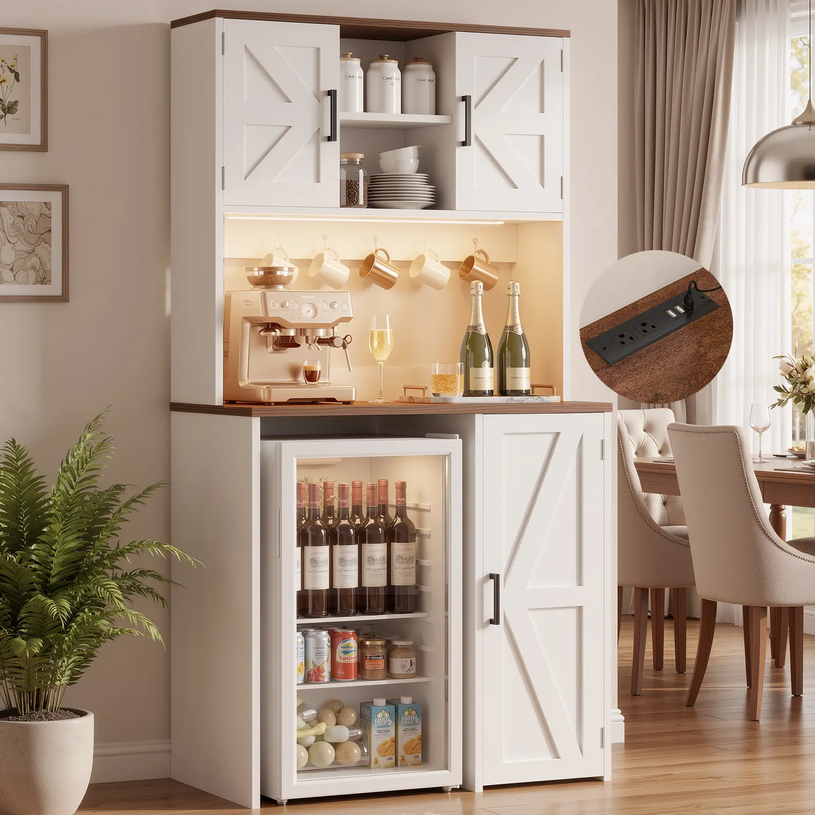 Homieasy Mini Fridge Cabinet with Storage, Coffee Bar Cabinet with Outlet & Led Light, Liquor Wine Bar Stand with Mini Fridge Space & Microwave Shelf, Beverage Station for Kitchen Dorm Office