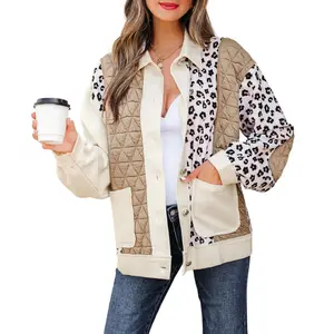 Asvivid Women's Leopard Waffle Quilted Patchwork Button Front Jacket with Pockets Stylish Animal Print Outerwear Coats for Casual Fashion