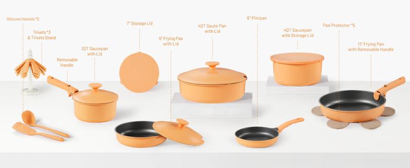 [Official] CAROTE 24pcs Nonstick Cookware Set with Removable Handles, Dishwasher Oven Fridge Safe, Stackable, Orange/Dark Gray Cookware