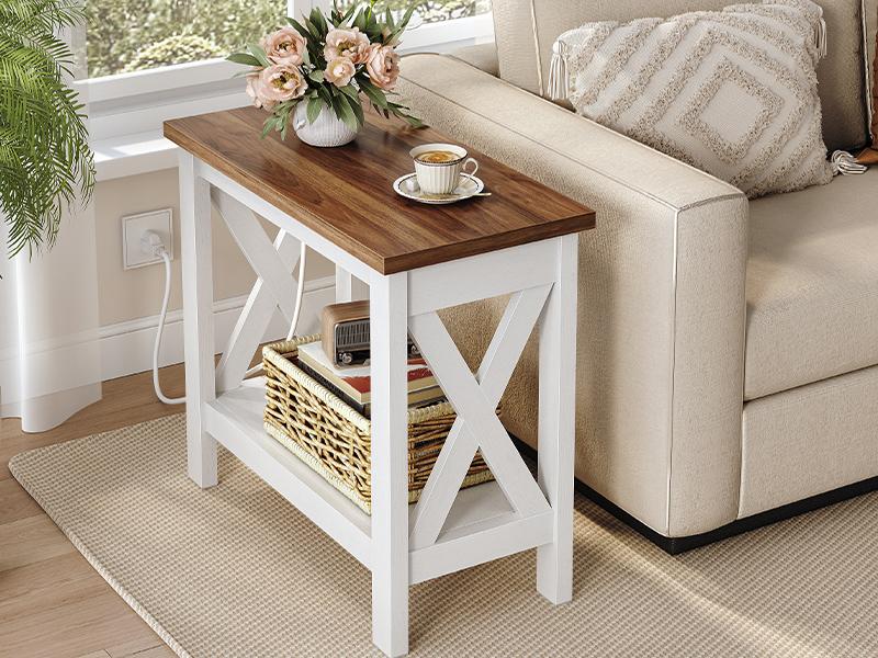 HOOBRO Farmhouse End Table with Charging Station, Narrow Side Table with Open Shelves, 2-Tier End Table with X-Shaped Frame, Small Accent Table, Slim Nightstand, Narrow Sofa End Table, Bedside Table for Living Room, Bedroom, White and Walnut