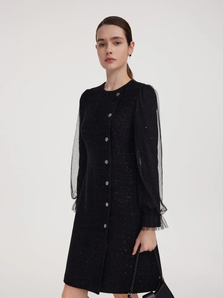 GOELIA Wool Blend Tweed Sequins Women Long Sleeve Mini Dress for Ladies
