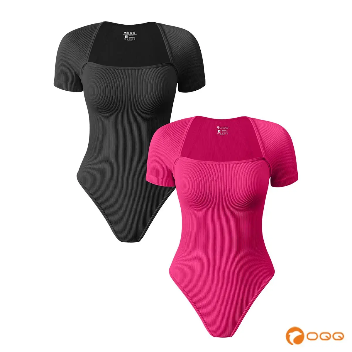 OQQ Women's 2-Piece Square Neck Short-Sleeve Slim-Fitting Stretchy Seamless Bodysuits - Spandex Tops with Straps, Ideal for Girls Pairing with Jeans or Skirts, Girl, Fabric