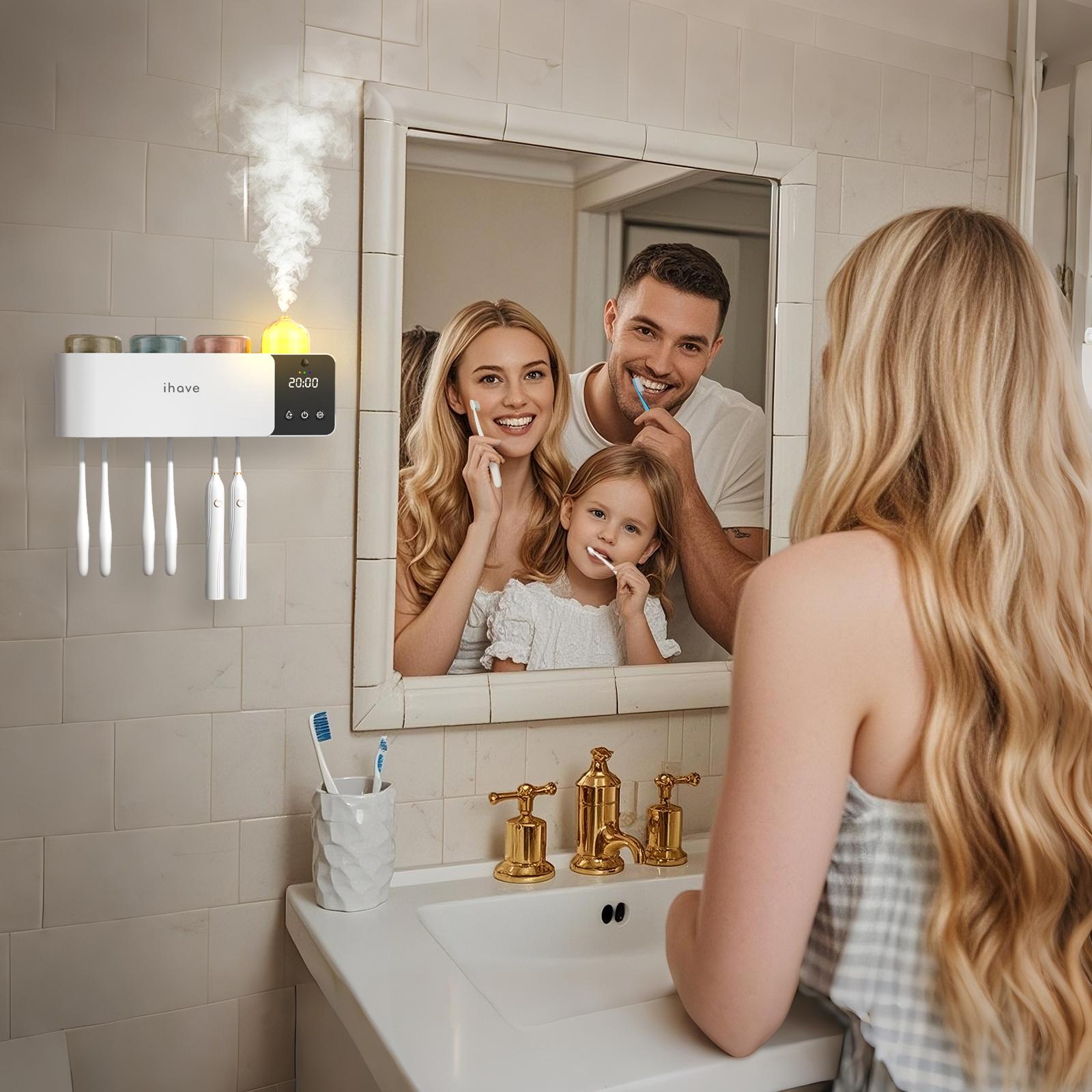 iHave Toothbrush Holders with UV Toothbrush Sanitizer & Aromatherapy Diffuser - Toothbrush Holder for Wall Mounted Toothbrush Organizer, Toothbrush Sanitizer and Holder with Night Light, Clock, Turbo Air Heated Drying – Bathroom Organizing with Cups