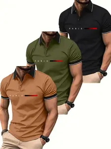 Men's Three-Piece Premium Polo Shirt Set - Button Collar, Slightly Stretchable Fabric, Suitable for Summer Workwear Formal Shirts - Short Sleeve Dalesan Earth Yellow Knit Men's Tropical Stretch Polyester Single-Layer Flat Item
