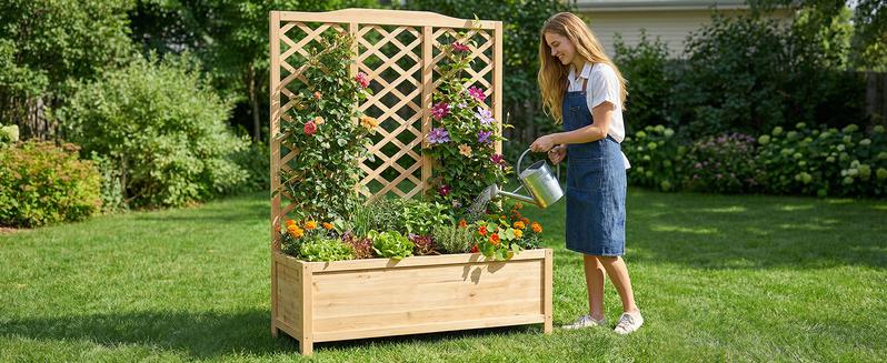 Lilypelle Raised Garden Bed with Trellis, 30" L x 16" W x 59" H / 44" L x 16" W x 59" H, Elevated Wooden Planter Box for Climbing Plants, Freestanding Outdoor Garden Box for Patio, Backyard, and Balcony Décor