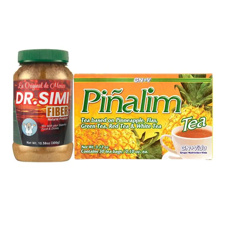 Dr. Simi Fiber & Pinalim Combo Pack - La Original Fibra de México 300g (10.5oz) Abdominal Cleansing Powdered Supplement Drink Mix + 30-Bag Pineapple Tea, Gut Support, Balanced Formula Powdered Supplement Drink Mix, Bloat Relief