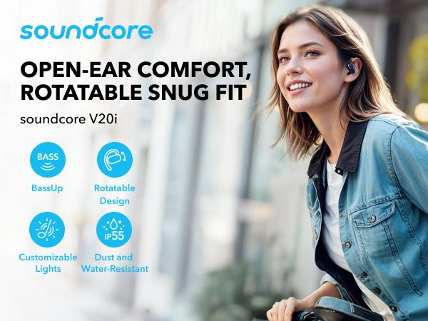 soundcore V20i by Anker Open-Ear Headphones, Adjustable Ear Hooks, Ultra-Comfort, Snug Fit, Powerful Sound, Clear Calls, IP55, 36H Playtime, Bluetooth 5.4 Wireless Earbuds, Multipoint Connection