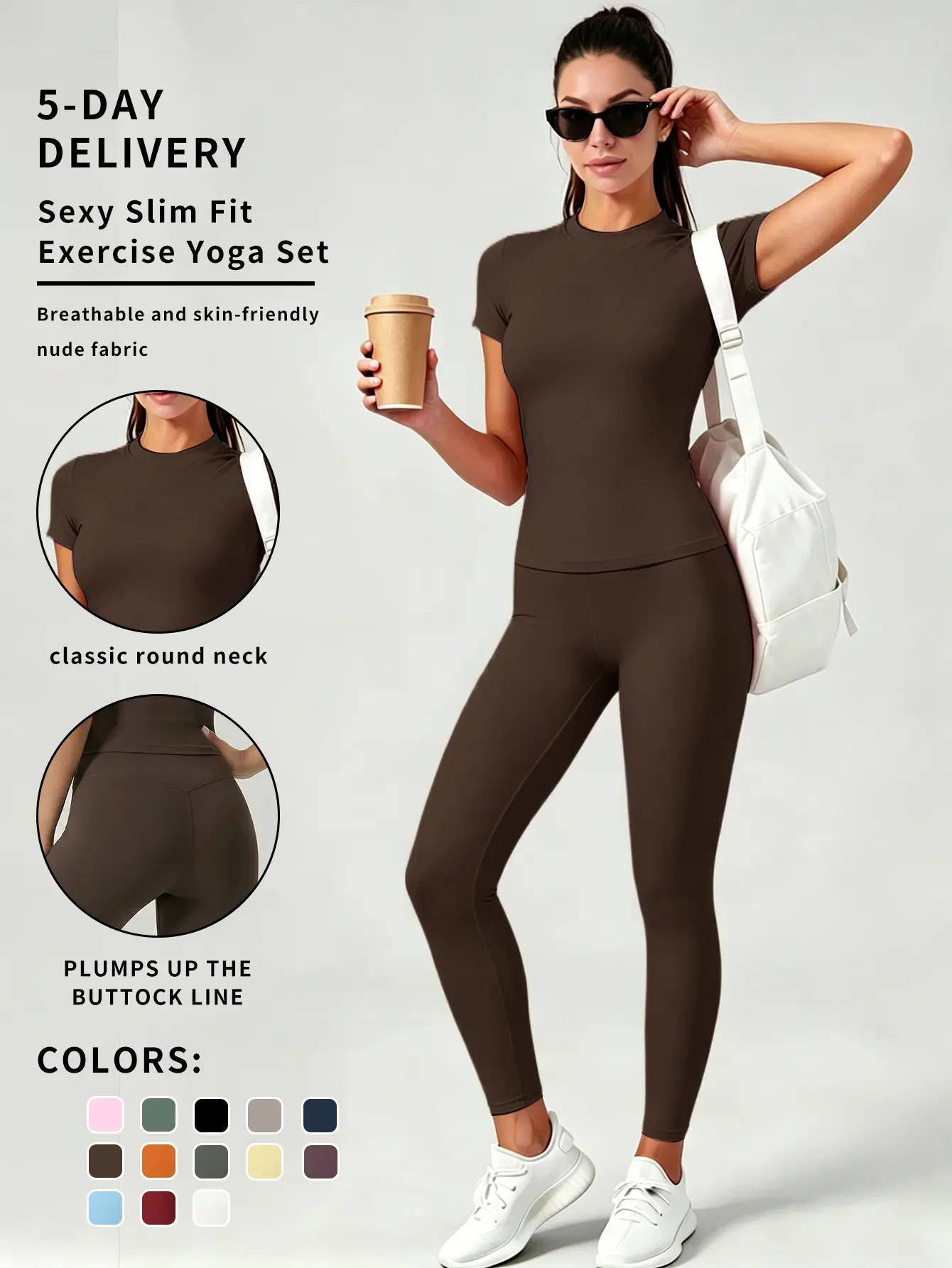 2-Piece Solid-Color Athletic T-Shirt Set Women's Sportswear Set, Slim-Fit RoundNeck Short Sleeves & High-Waisted YogaPants, Ideal for Gym Running OutdoorActivities,  Stretchy Suit Set, Fitness Outfits,Workout Running Outfits-8627