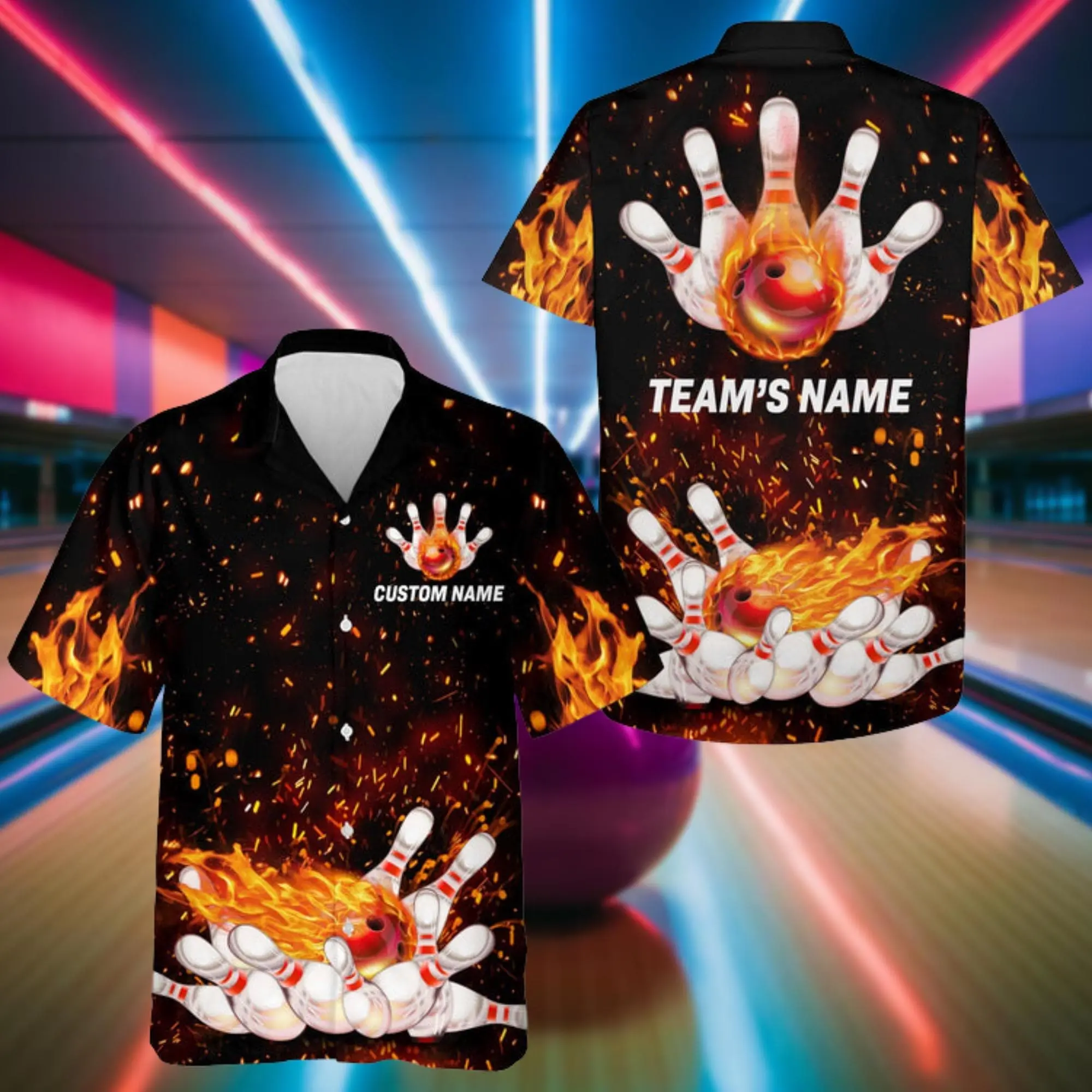 Personalized Flame Bowling Hawaii Shirt, Custom Bowlers Team Aloha Shirt, Fire Bowling Shirt, Gift for Bowling Players, Bowling Lovers Gift