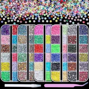 5 Boxes 2mm Flatback Nail Rhinestones Kit 13200 Pcs Colorful AB Round Transparent White Rainbow Crystal AB Gems Half Pearls with Pick Up Pen and Picker Tweezers for Craft Art and Face Makeup(2mm)