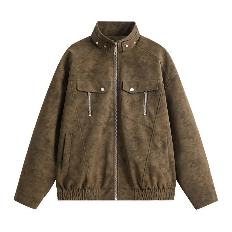 Retro faux suede stand collar jacket, loose fit unisex workwear outerwear, available in multiple colors, Vintage Gradient Cuff Fencing Jacket Plaid Lapel Casual trendy fashion look front flap pocket Varsity with Team Logo outdoor streetwear