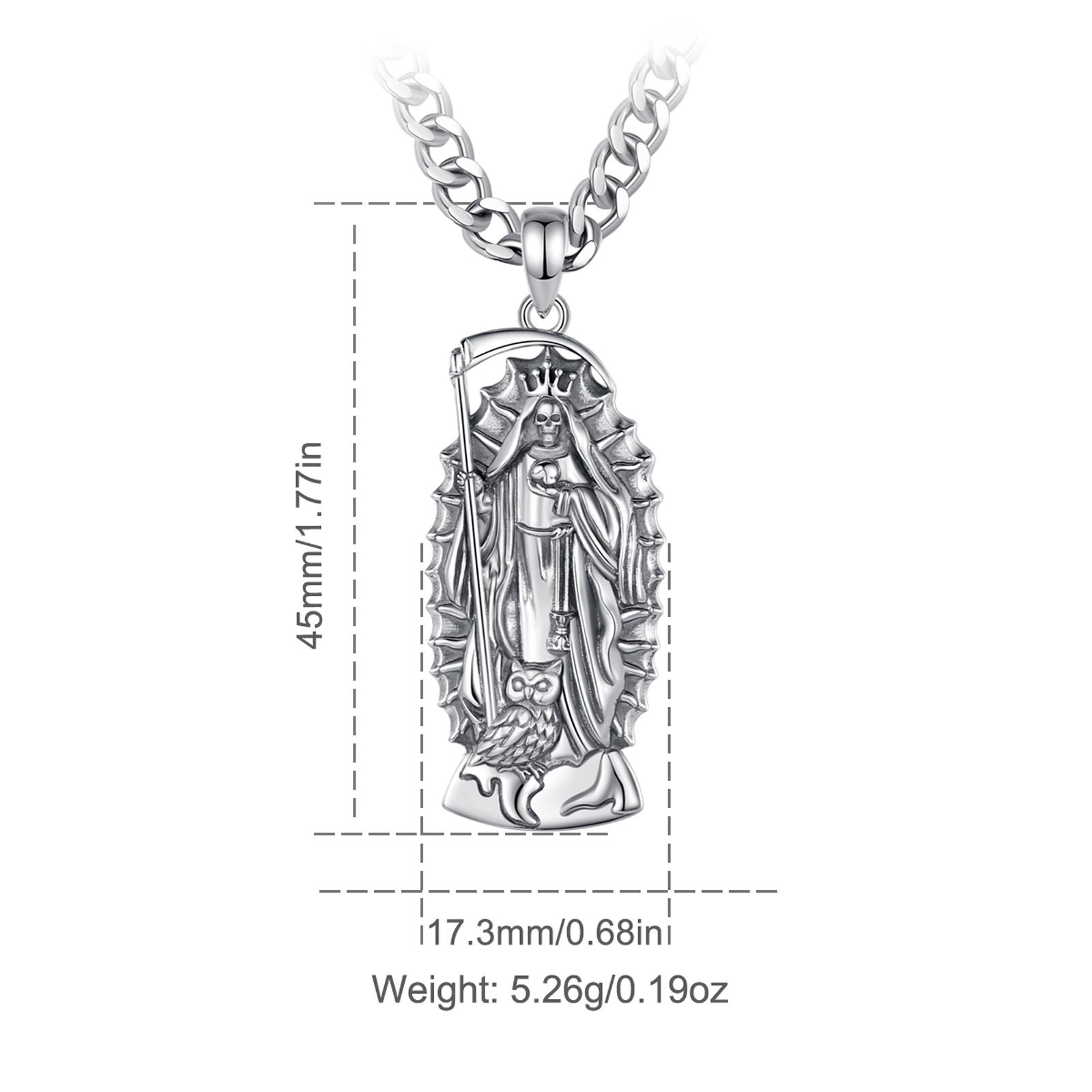 Eudora S925 Sliver Santa Muerte Necklace, Silver Grim Reaper Pendant, Mexican Saint Medallion,  Memento Mori Amulet, Protective Sigils Jewelry