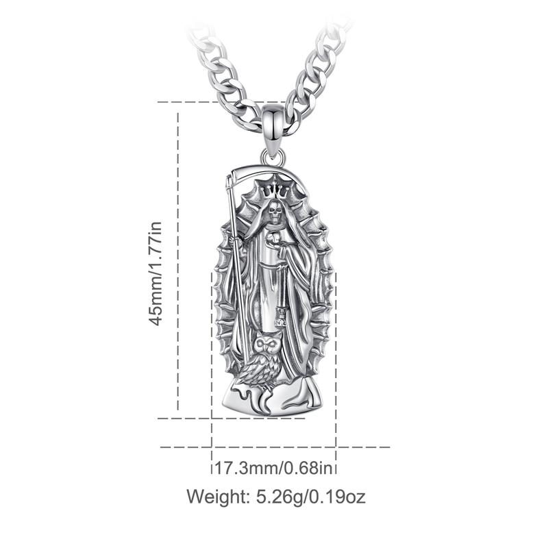 Eudora S925 Sliver Santa Muerte Necklace, Silver Grim Reaper Pendant, Mexican Saint Medallion,  Memento Mori Amulet, Protective Sigils Jewelry