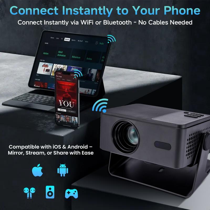 Portable Projector A32 - 1080P Full HD, Built-in Audio, Auto Focus & Keystone Correction - Android 13, Wifi/Bluetooth - Home Theater Projector with Remote