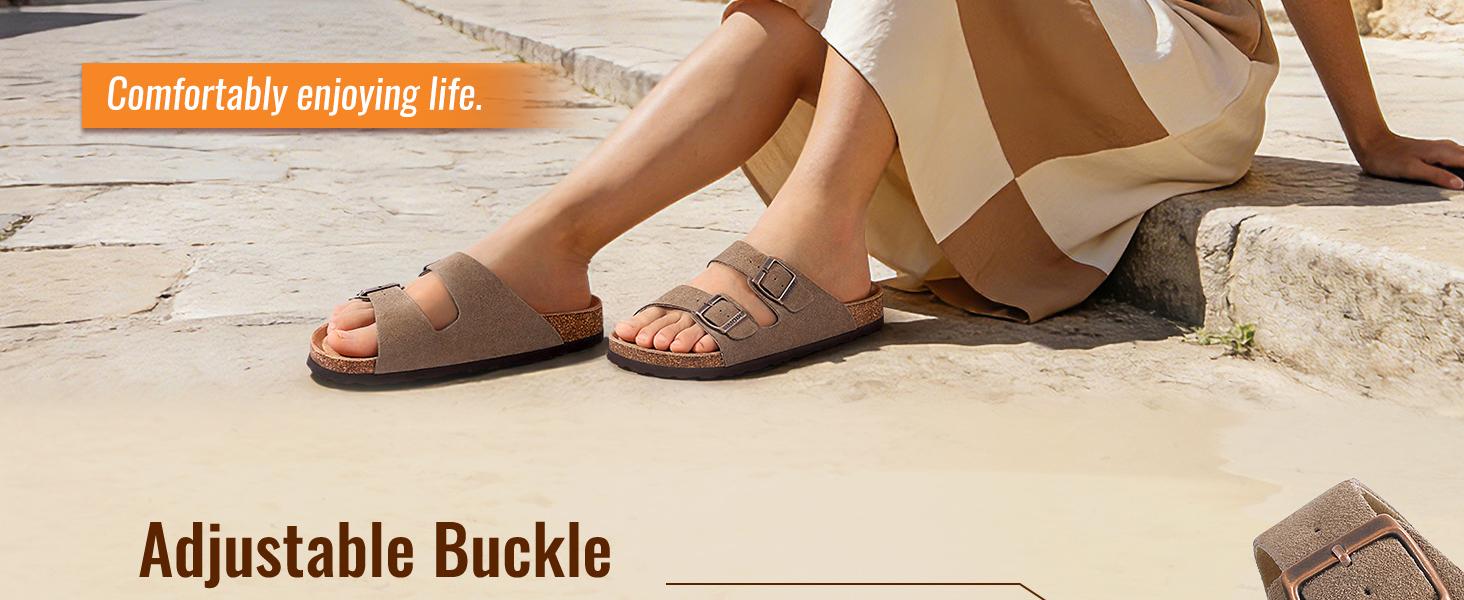KIDMI Womens Flat Sandals Summer Sandals Arch Support Cork Footbed Slide Sandals with Double Adjustable Buckle for Women Men Outood Beach Sandals
