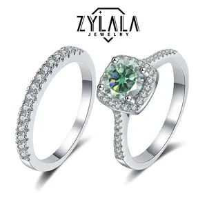 [245 Green] 1/2CT Synthetic Moissanite Square Ring + Eternity-band Set Square Halo Design 925 Sterling Silver Promise Ring Engagement Wedding Gift