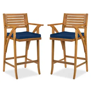 Best Choice Products Set of 2 Outdoor Acacia Wood Bar Stools Bar Chairs w/ Weather-Resistant Cushions