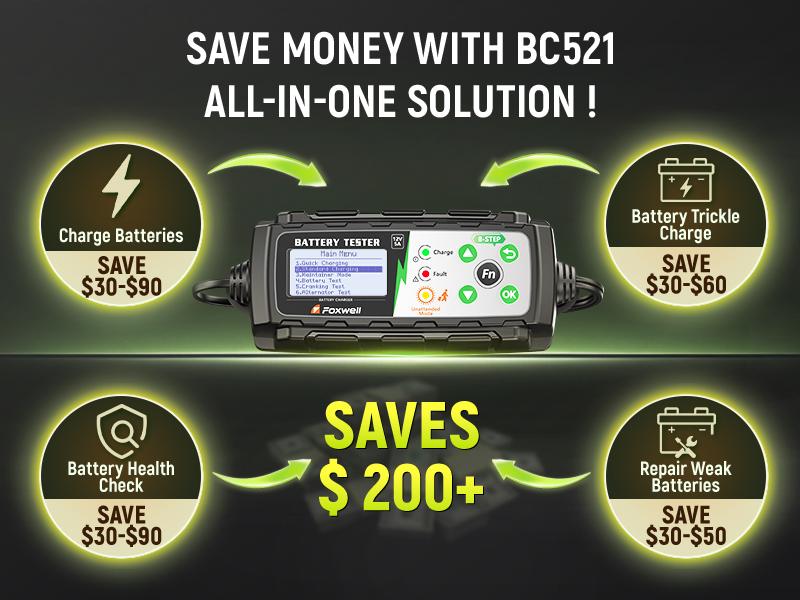 FOXWELL BC521 4-in-1 Car Battery Charger, 5A 12V Charging System Tester and Maintainer, 5A Smart Trickle Charger and Starter, Smart Eight-Stage Charging, Pulse Repair, LCD Display, Suitable for Unattended Operation in Cars/RVs/Motorhomes.
