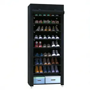 10 Tier Shoe Rack 9 Grids with Dustproof Cover, Adjustable Standing Shelf, Large Capacity Storage Rack, Dustproof Stackable, Freestanding Shoes Organizer, Plastic Metal, Black, Easy Installation