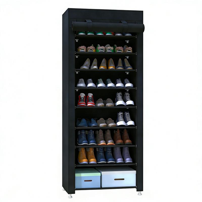 10 Tier Shoe Rack 9 Grids with Dustproof Cover, Adjustable Standing Shelf, Large Capacity Storage Rack, Dustproof Stackable, Freestanding Shoes Organizer, Plastic Metal, Black, Easy Installation