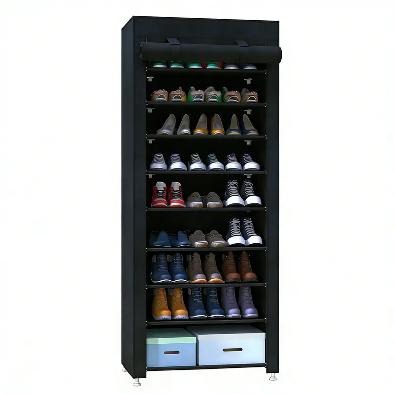 10 Tier Shoe Rack 9 Grids with Dustproof Cover, Adjustable Standing Shelf, Large Capacity Storage Rack, Dustproof Stackable, Freestanding Shoes Organizer, Plastic Metal, Black, Easy Installation