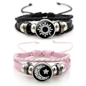 2PCS Sun And Moon Couples Friendship Matching Love Bracelets Leather Y2k Spirilet Glow In The Dark Adjustable Bracelets Love Gift for Him & Her