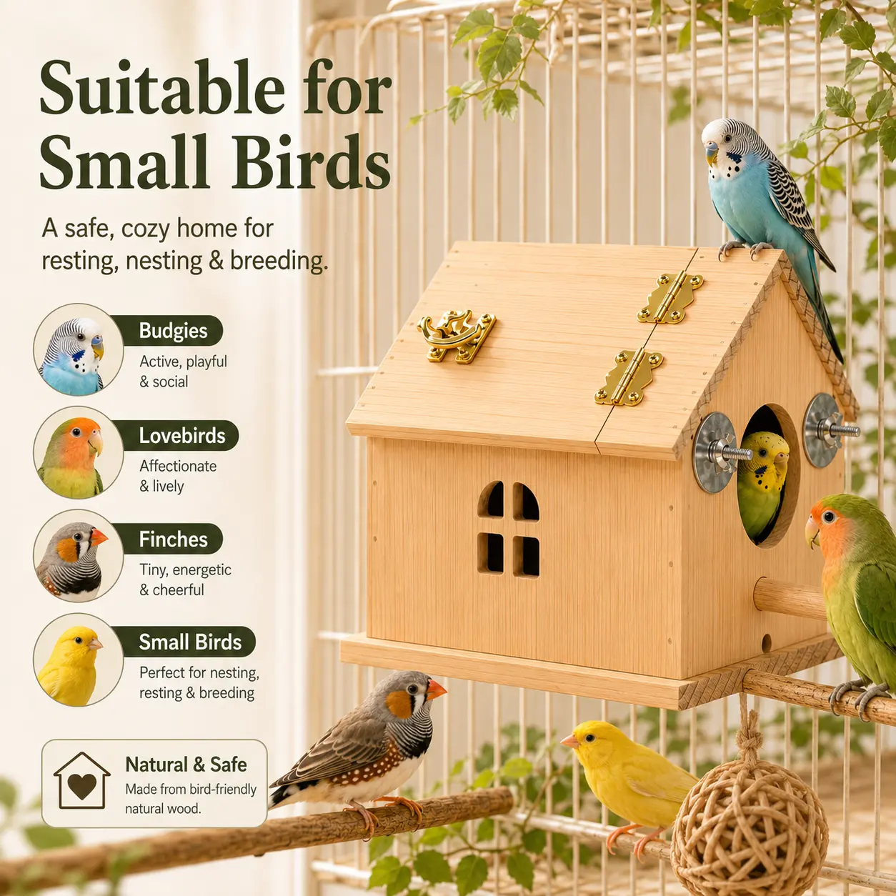 Wooden Parakeet Nesting Box - Openable Roof, Secure Cage Mounting, Removable Perch, Easier Cleaning for Small Birds’ Resting Space, Indoor Bird Cage Accessory for Budgies