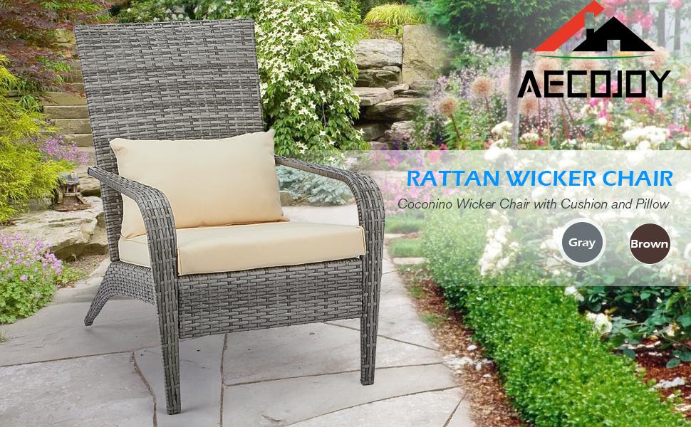 AECOJOY Patio Adirondack Wicker Chair with Cushion and Pillow, High Back Rattan Design, Suitable for Outdoor Use, for Gardens, Backyards, Porches,