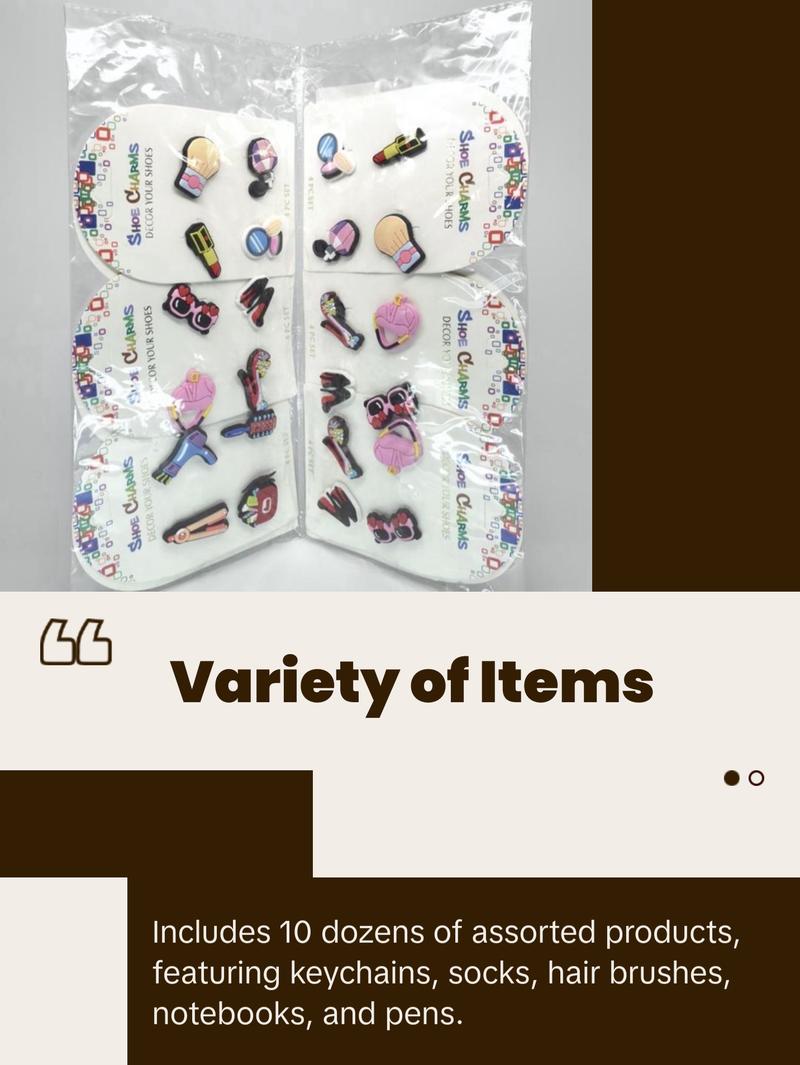 EMPRENDEDOR LARGE PACKAGE - 10 Dozens Mixed Wholesale Includes Keychains Socks Hair Brush Notebooks Pens & 5 Random Fashion Accessories Cartoon Characters Style May Vary
