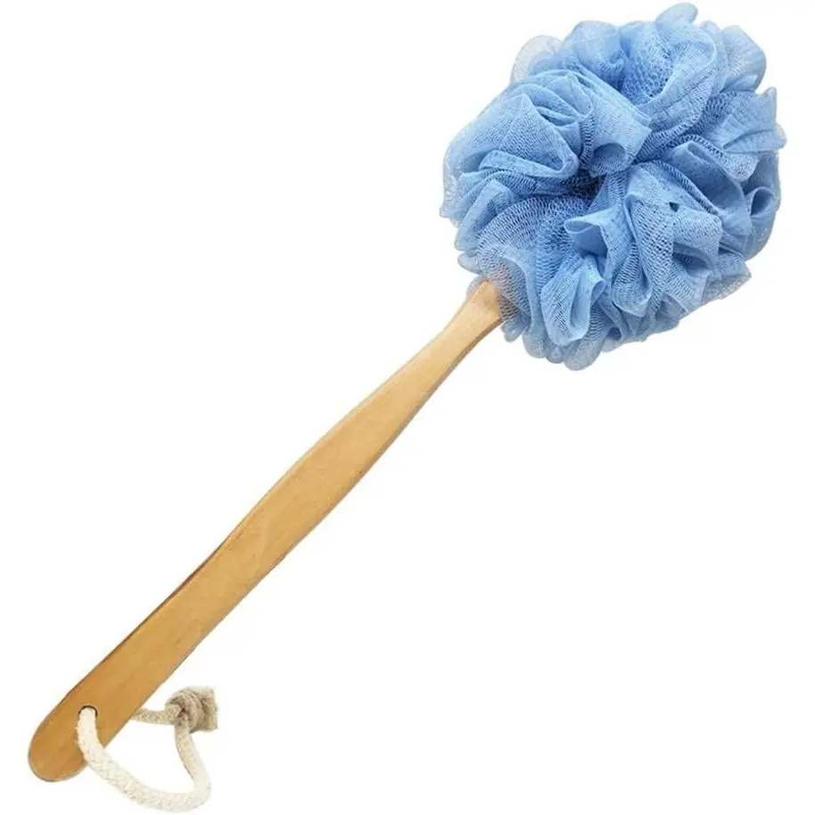 Long Handle Back Scrubber with Loofah Sponge - Waterproof Wood Exfoliating Bath Brush, Personal Bathing Accessory for Overhead Shower Use (For Men, Women)