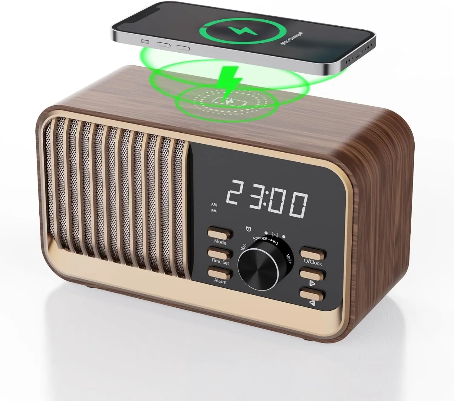 Retro Bluetooth Speaker with 15W Fast Wireless Charger, FM Radio & Digital Alarm Clock, 3600mAh Rechargeable Stereo Speakers, Vintage Wooden Soundbox for Home, Office, Bedroom, Gifts for Dad