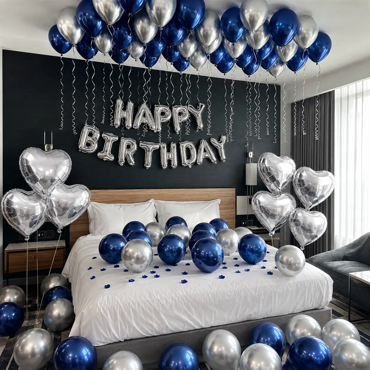 61PCS Navy Blue Silver Birthday Decorations Set, Happy Birthday Foil Balloons, Silver Heart Balloons, Dark Blue & Silver Latex Balloons with Glue Dots for Men Boys Women Adult Birthday Room Decor