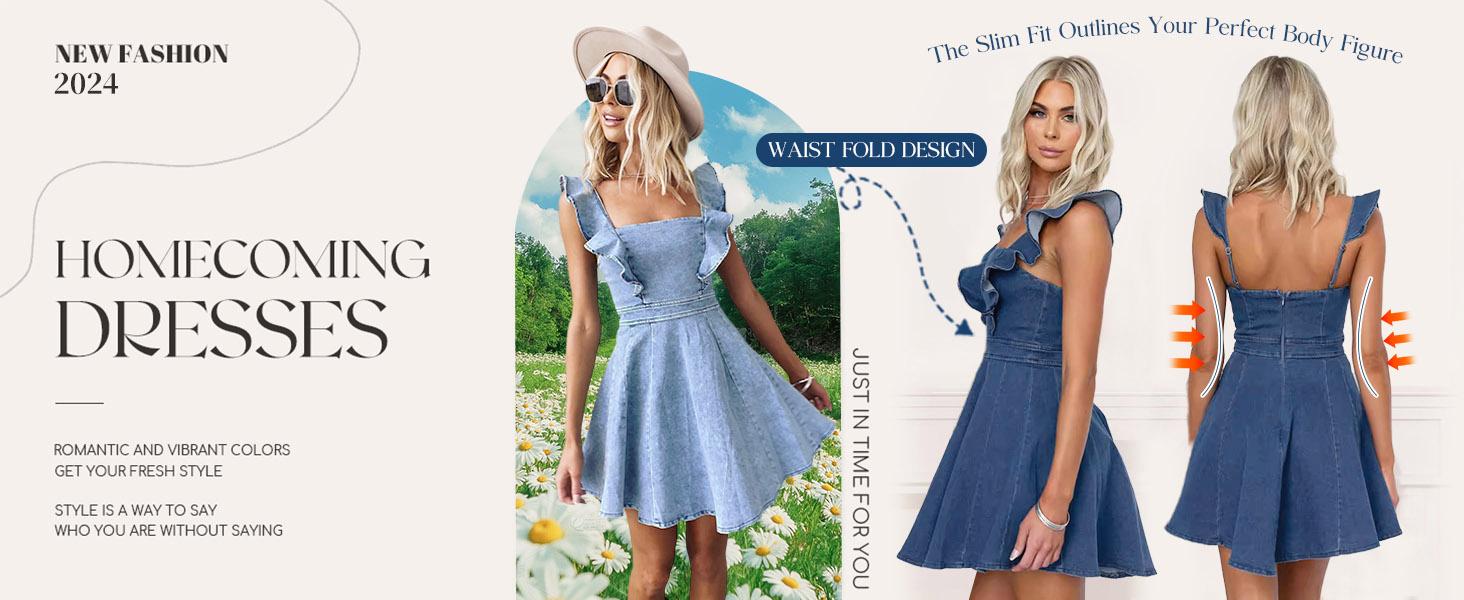 utcoco Denim Dress for Women Ruffle Adjustable Strap Sleeveless Backless Babydoll Mini Jean Dresses SpringStatements