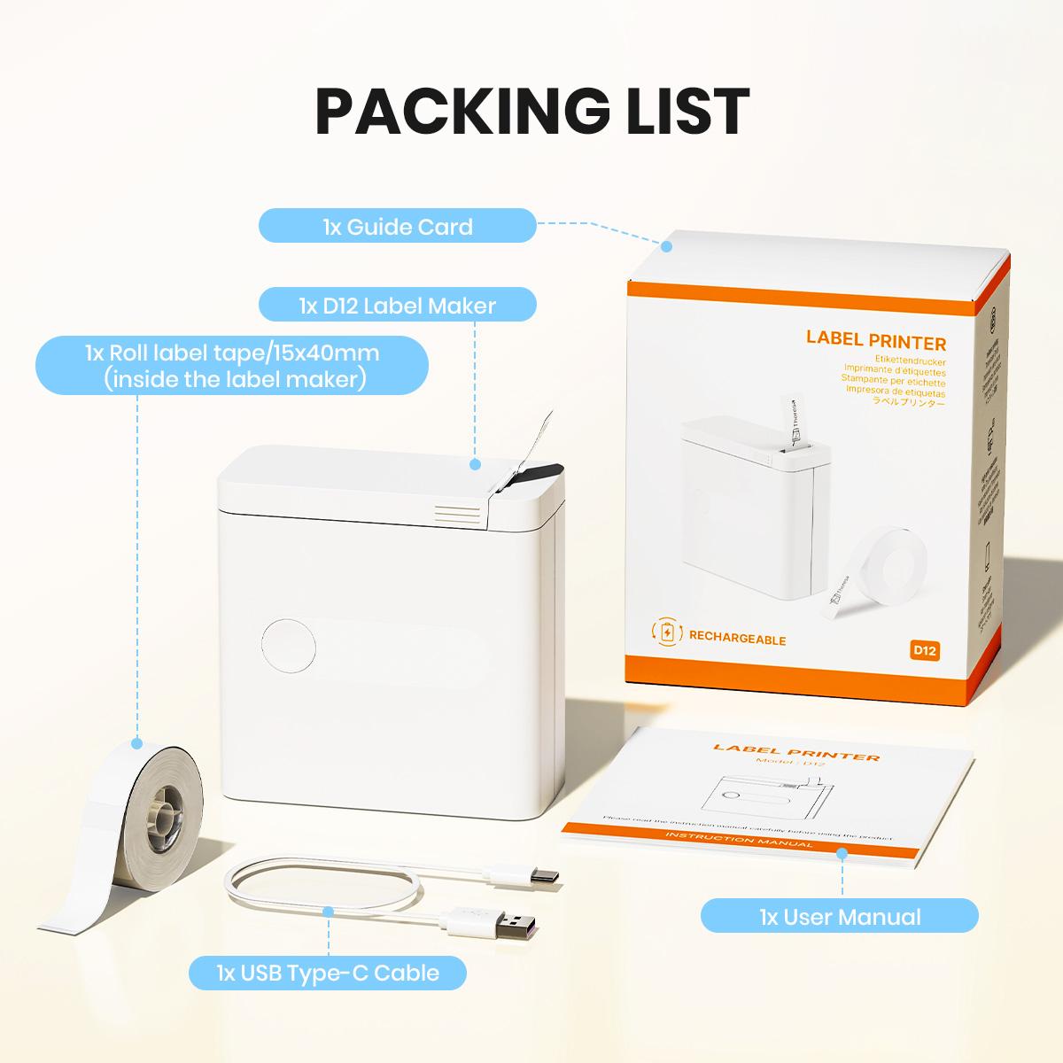 Portable Bluetooth Label Printer D12 Wireless Handheld Thermal Printer with Tape Mini Sticker Maker for Barcodes Storage Office Home Organization